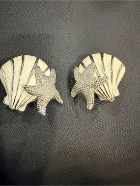 Sterling Silver Starfish and Cream Enamel Shell Clip-On Earrings